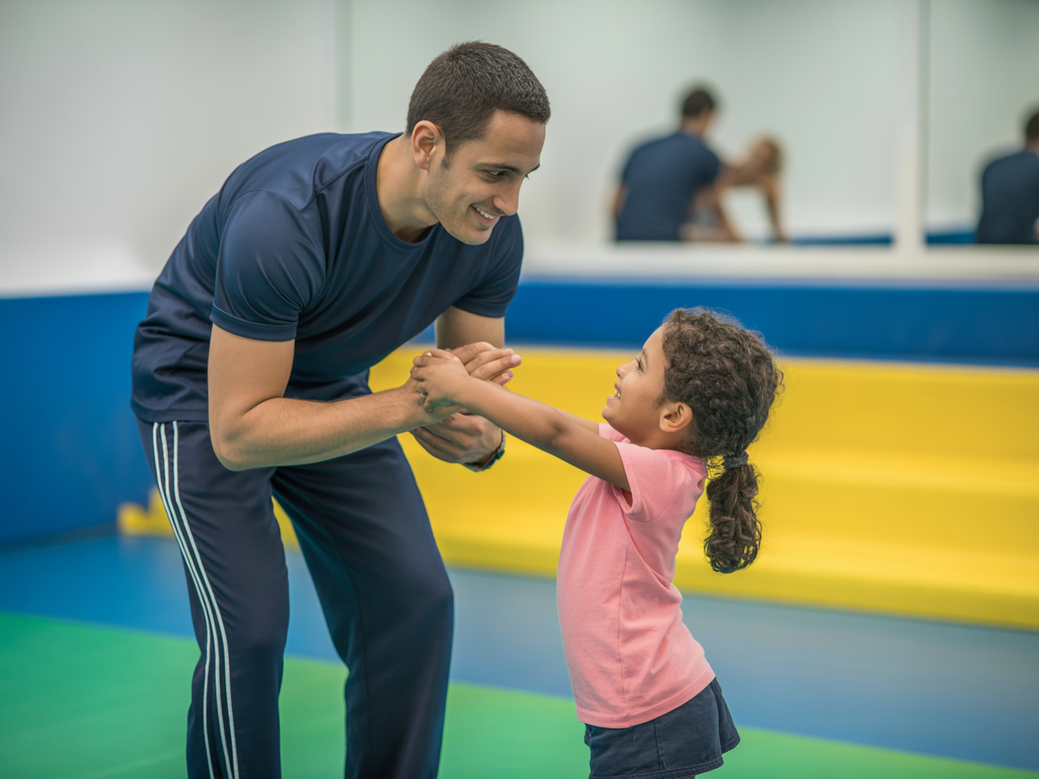Head Coach CrossFit especializado em autismo auxiliando criança em exercício de coordenação motora