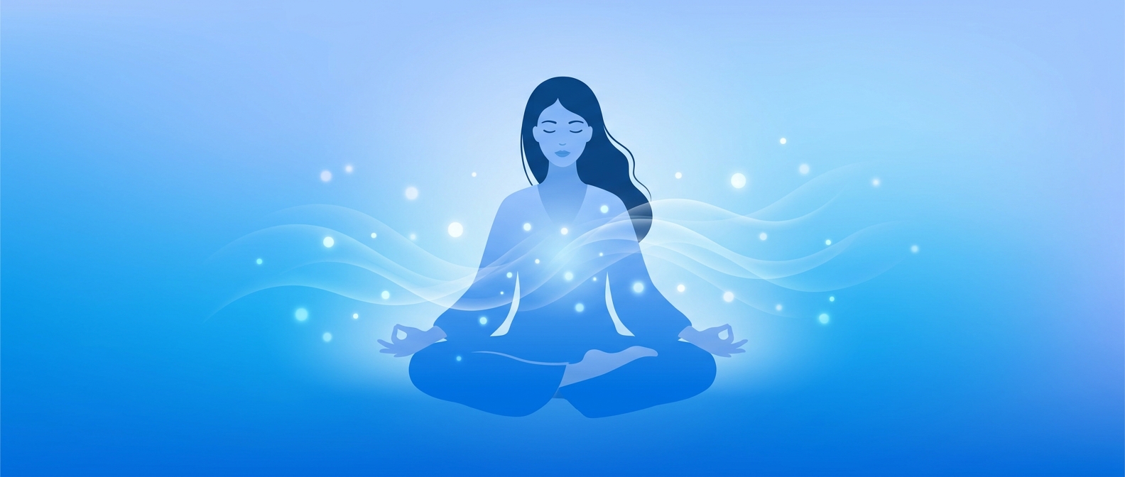 Mulher meditando em posição de lótus com fundo azul calmo - frases de inspiração para ansiedade