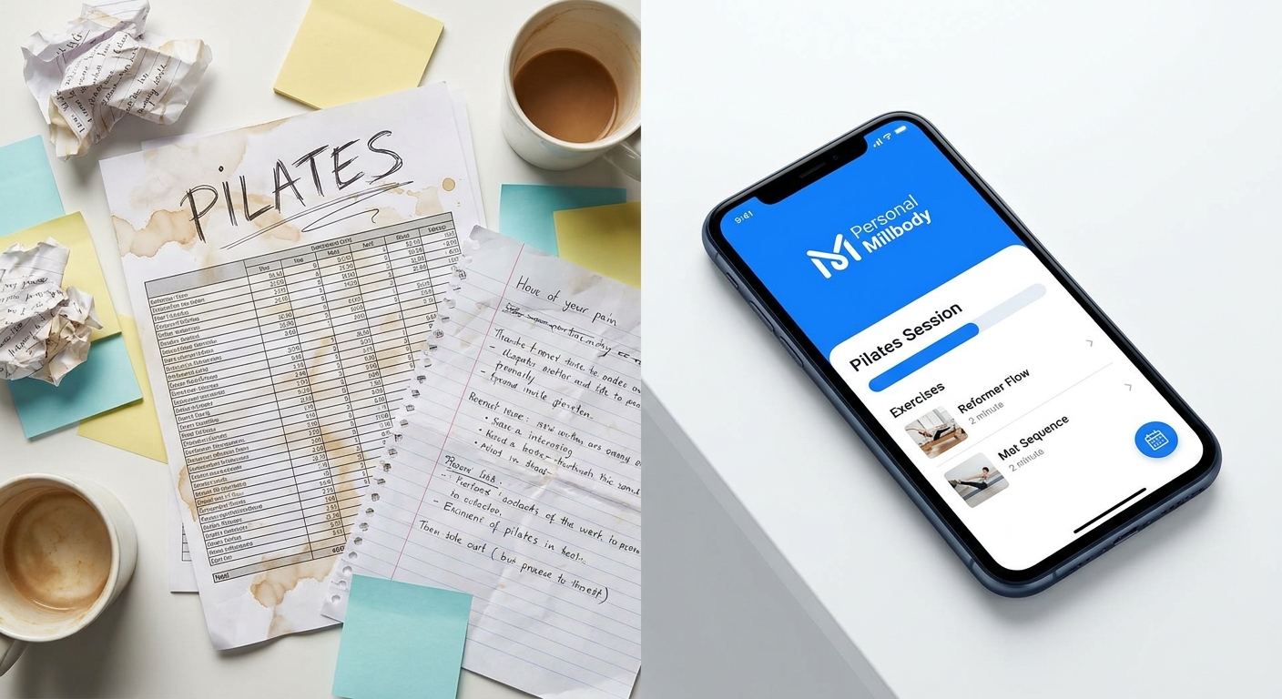 App para personal trainer de Pilates vs Planilha tradicional Comparação entre planilha de treino bagunçada e app Personal Millbody organizado para personal trainer de Pilates