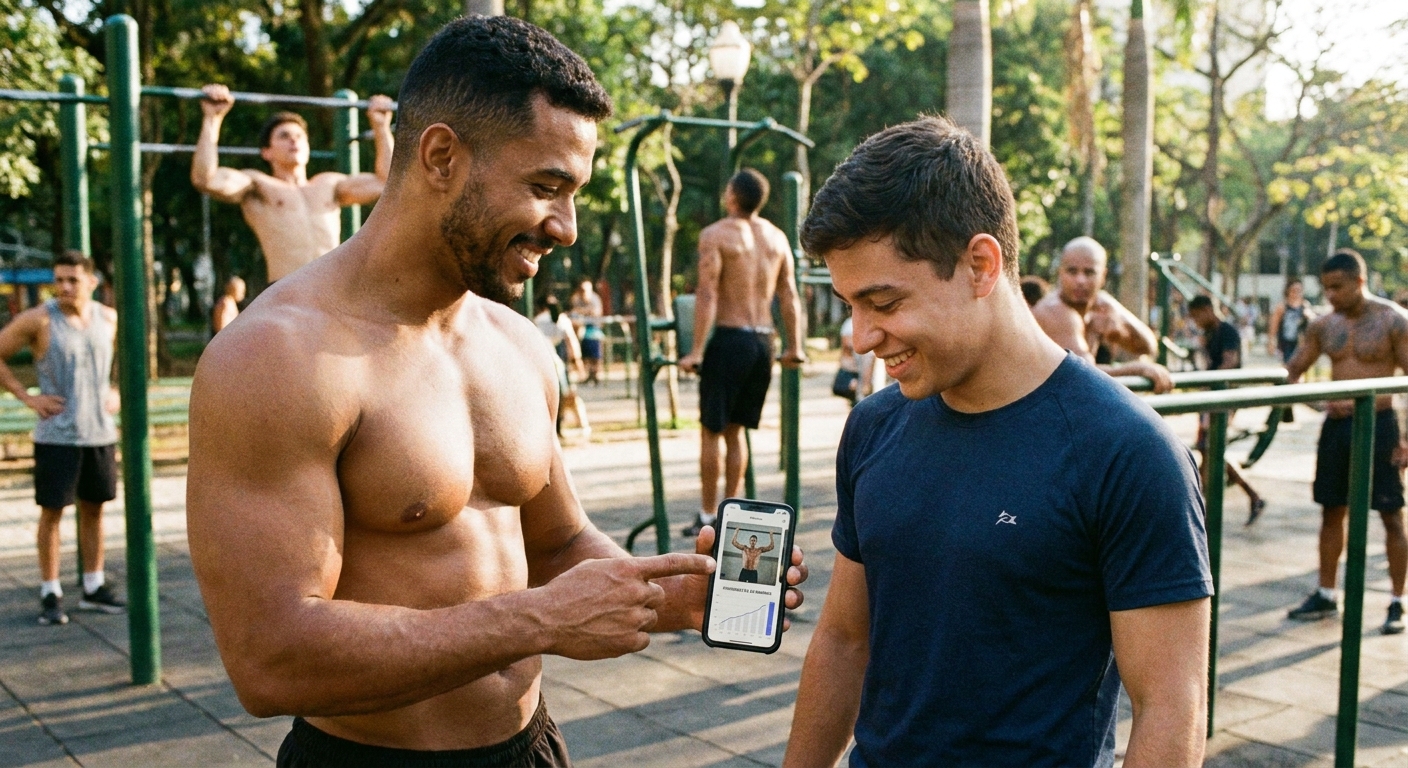 Instrutor de calistenia usando app Personal Millbody com aluno em parque