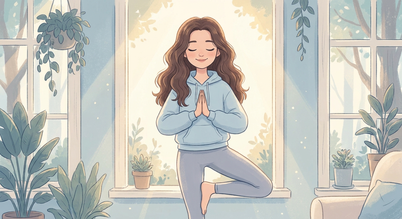 Adolescente sorrindo fazendo postura da árvore - yoga para autoestima