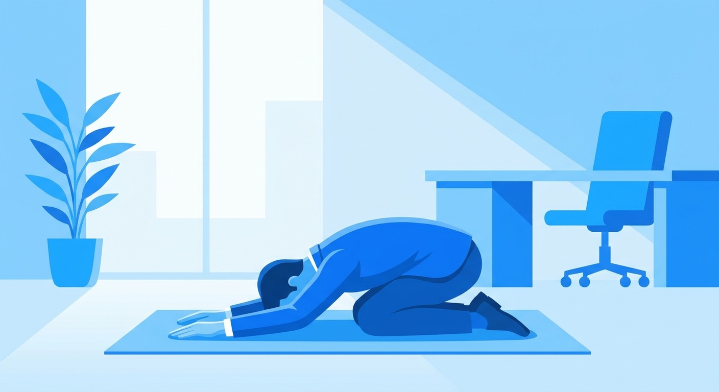 Executivo em postura de yoga Balasana - dicionário de yoga para iniciantes com burnout