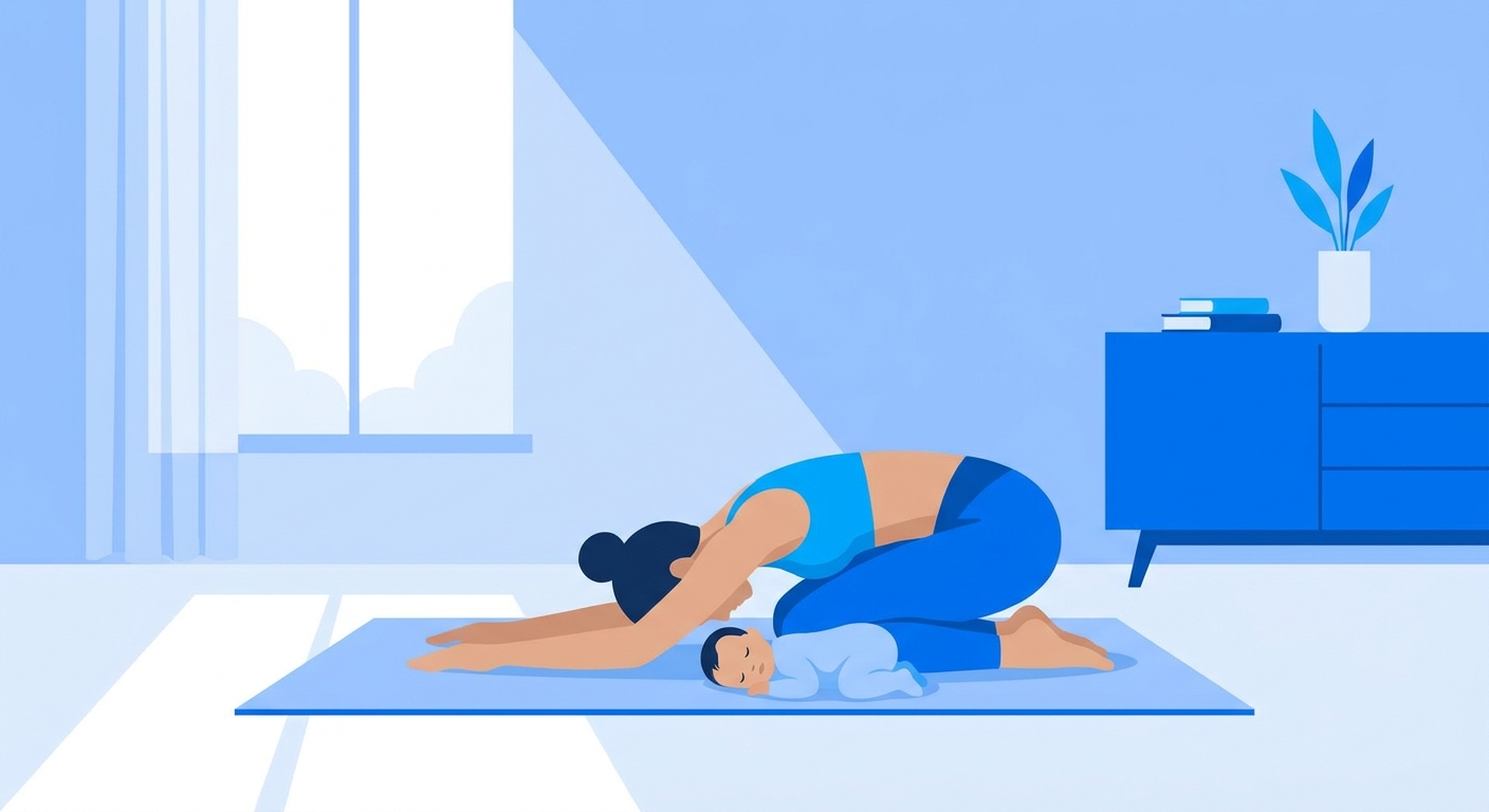 Mãe recém-parida praticando yoga pós-parto com seu bebê ao lado em ambiente calmo e acolhedor