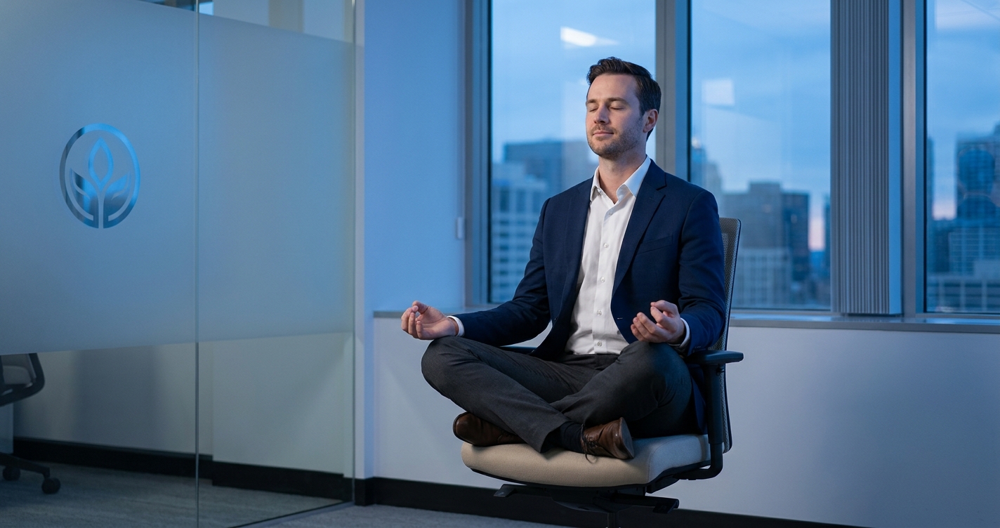 Executivo meditando em ambiente corporativo minimalista para recuperação de burnout