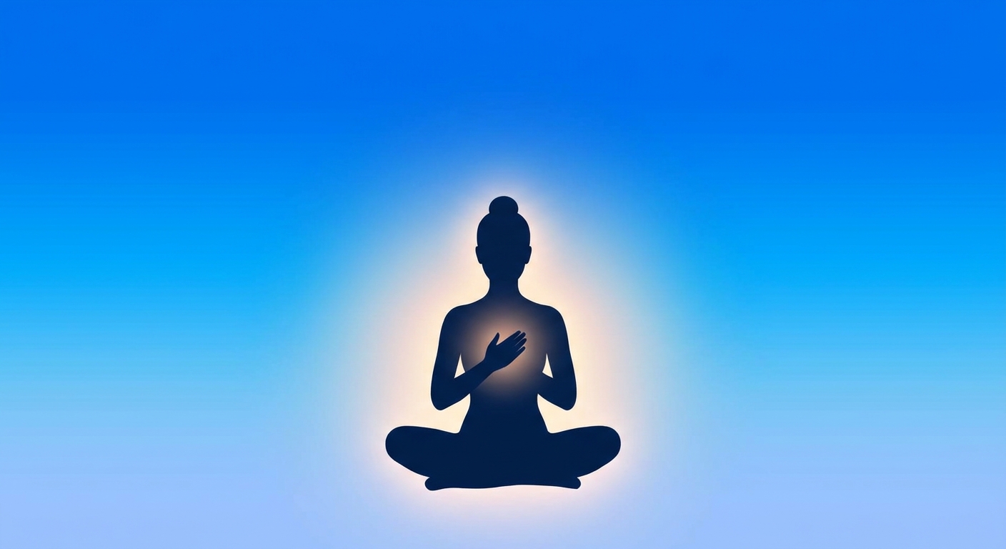 Silhueta serena de pessoa meditando com mãos no coração em fundo gradiente azul da Vitalizen - frases de inspiração para reabilitação emocional