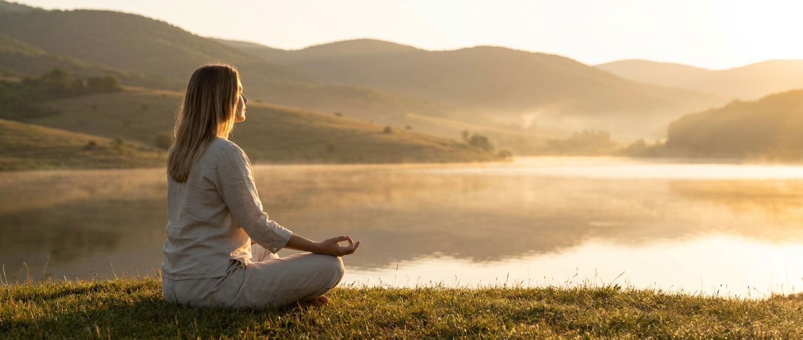 frases de yoga para iniciantes - pessoa meditando ao amanhecer com luz natural