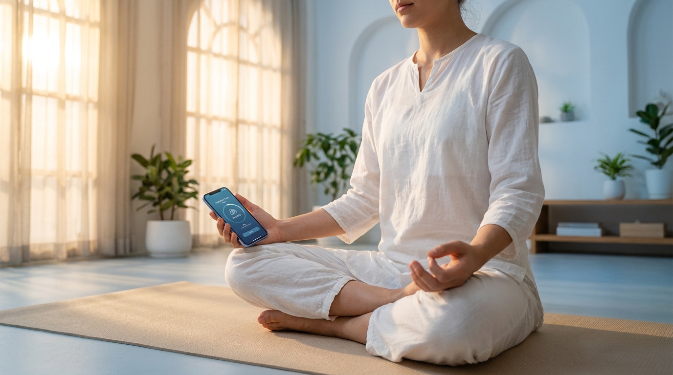 Jovem praticando yoga em casa com smartphone e app Vitalizen aberto, em ambiente calmo com luz natural