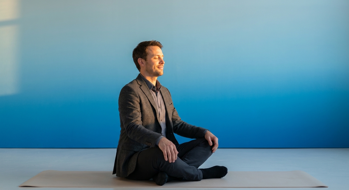 Líder meditando ao amanhecer em ambiente calmo com luz suave e fundo com gradiente azul da marca Vitalizen