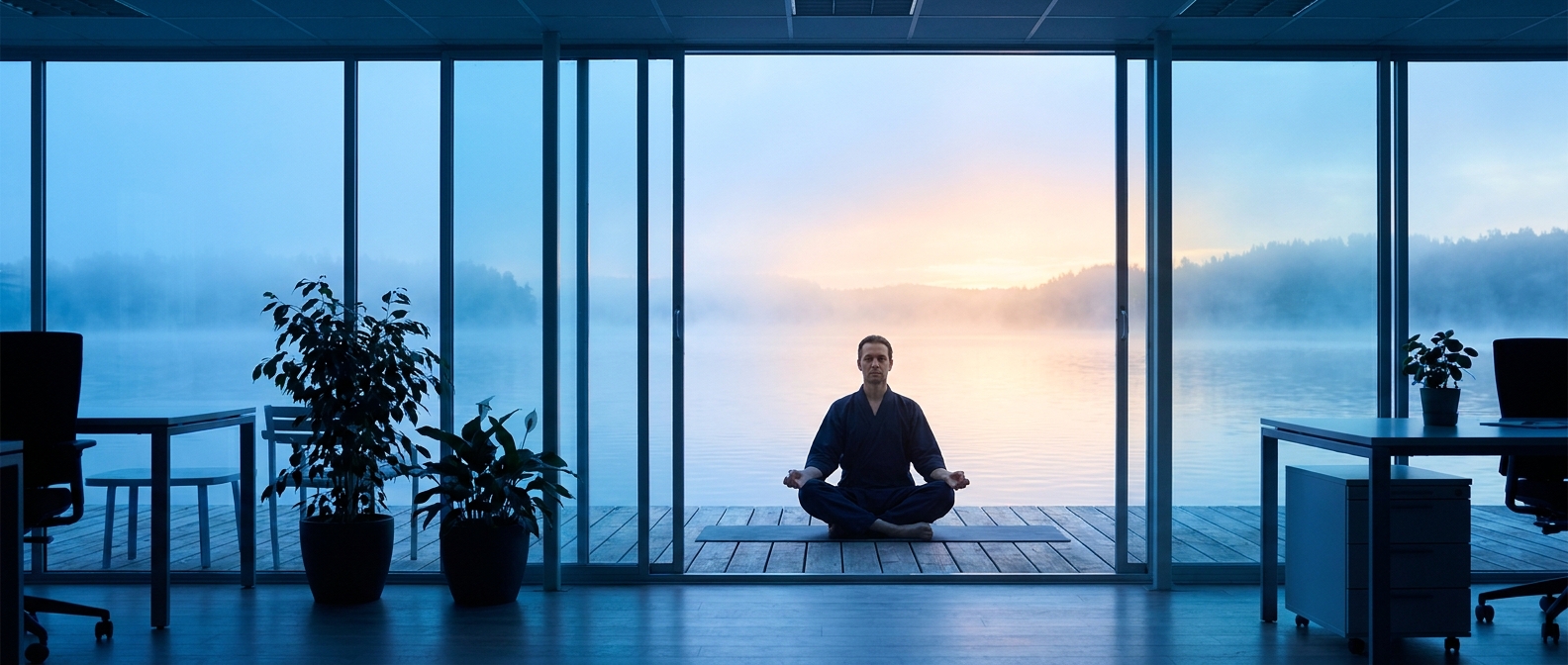 Líder meditando ao amanhecer em um ambiente sereno com tons de azul