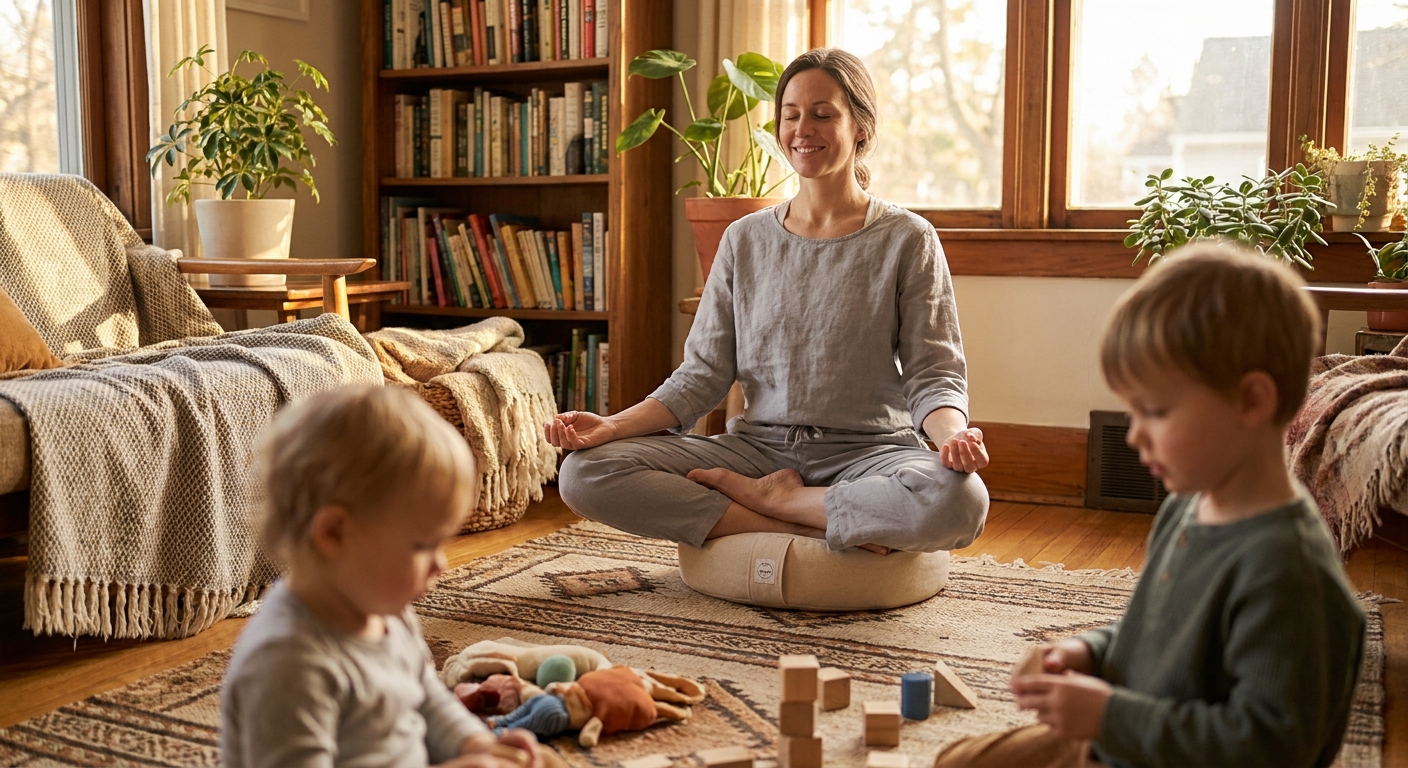 Mãe solo meditando em casa com os filhos por perto em um momento de paz e autocuidado