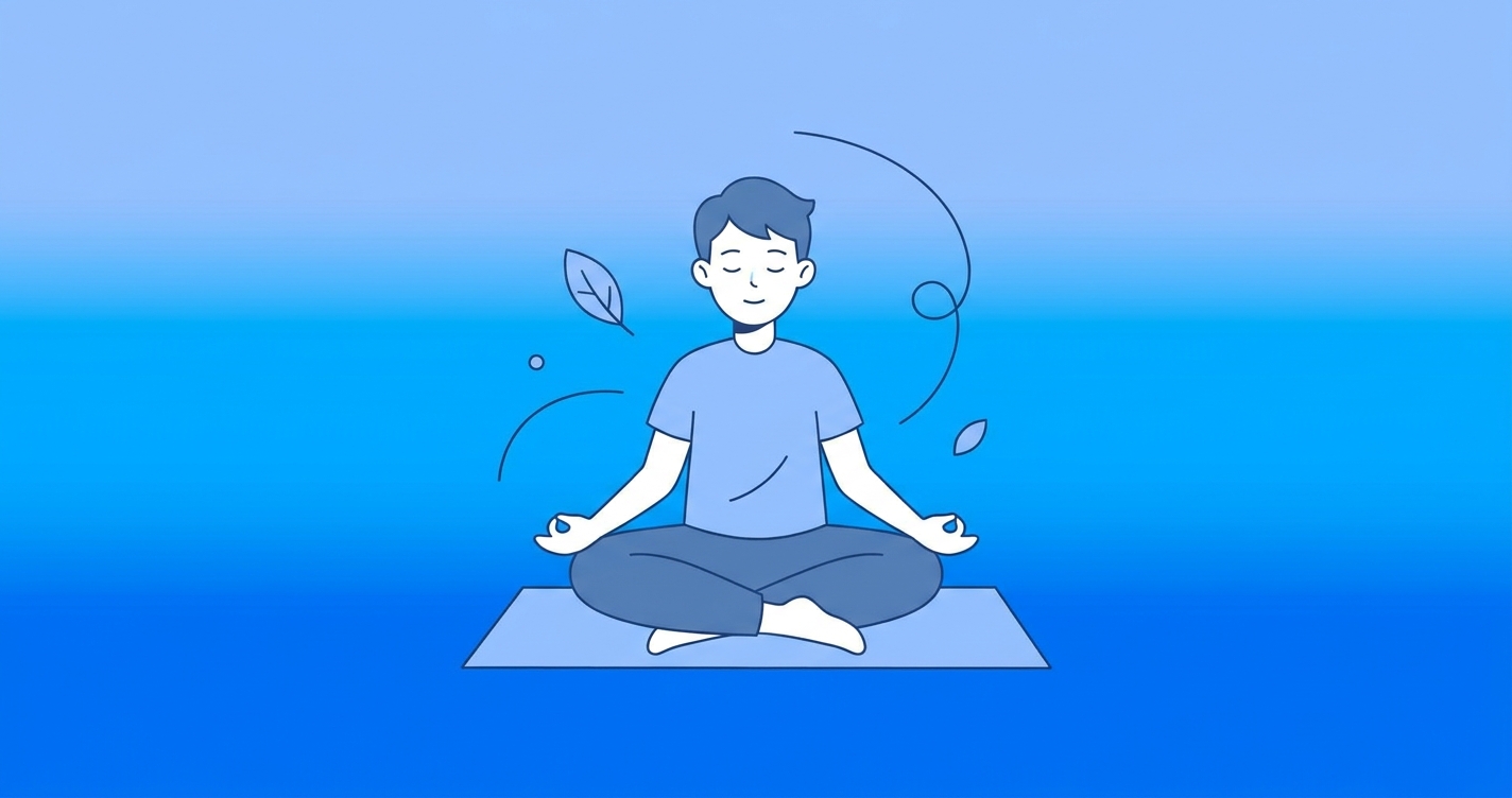 Jovem meditando em ambiente sereno com tons azuis suaves - meditação para iniciantes Vitalizen