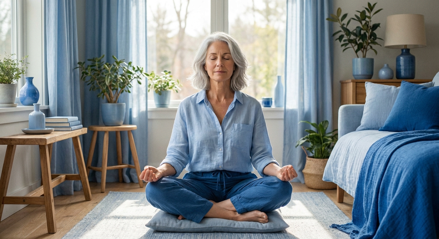 Mulher 50+ meditando em paz com luz natural, autocuidado na menopausa e bem-estar feminino