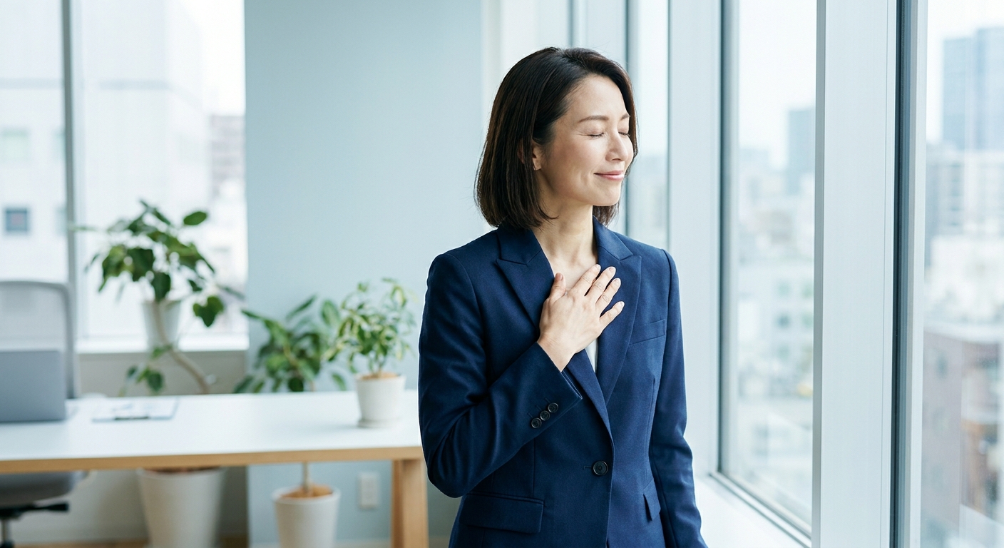 Mulher executiva meditando em pausa consciente no trabalho - Vitalizen