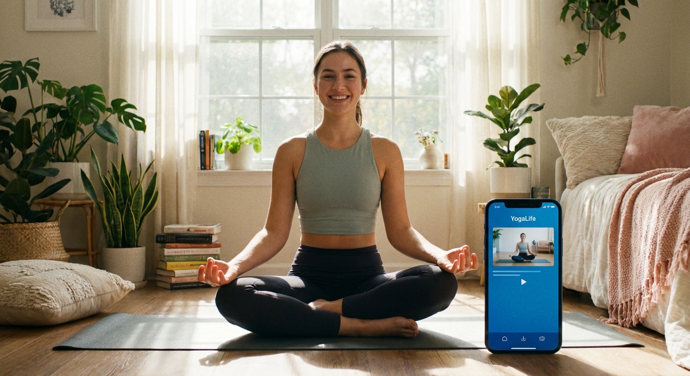 Jovem praticando yoga em casa com app de yoga no smartphone ao lado, ambiente calmo e iluminado