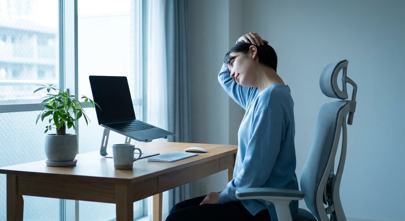 Profissional remoto fazendo pausa ativa com alongamento no home office