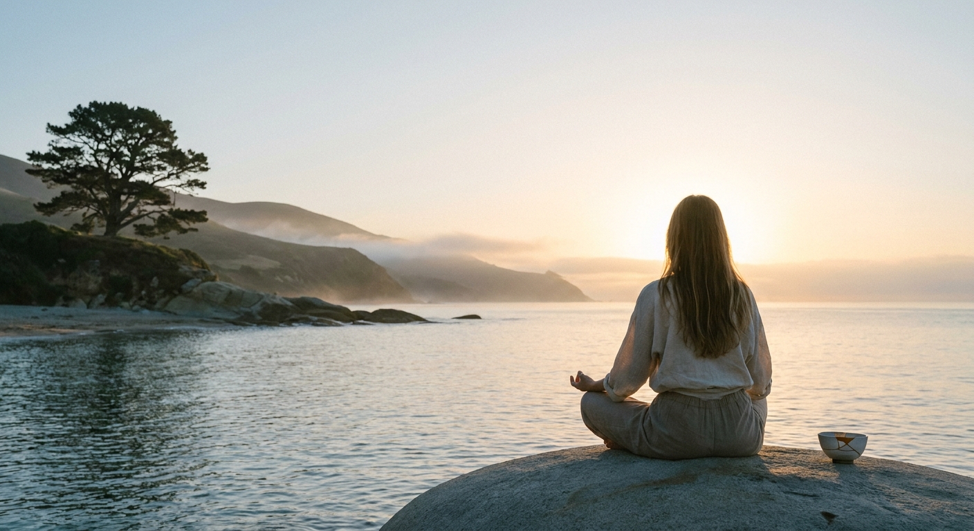 Pessoa meditando ao amanhecer em busca de reabilitação emocional e paz interior