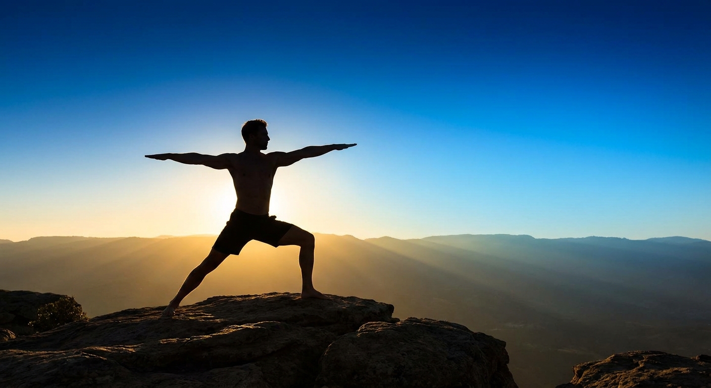 Atleta em postura de guerreiro ao amanhecer – yoga para atletas de alto rendimento