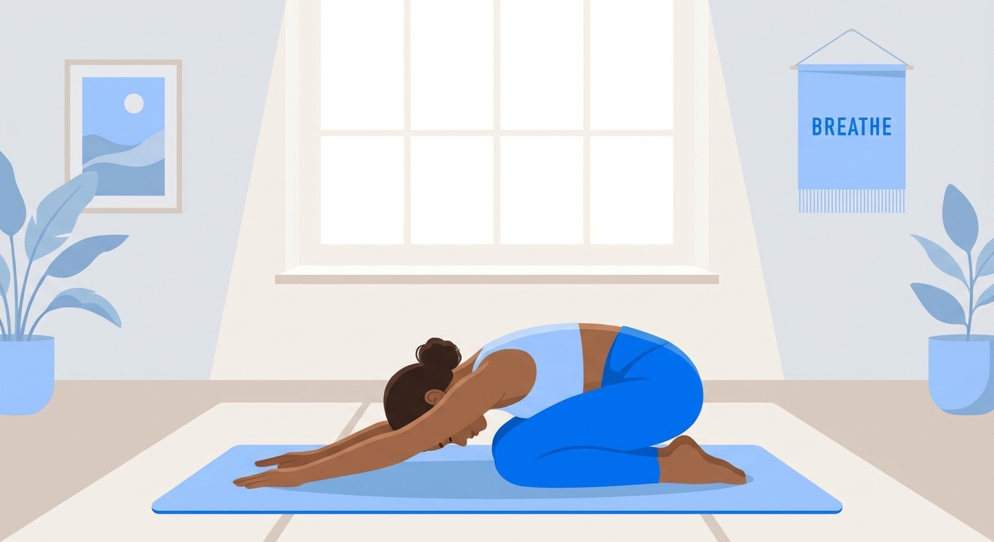 Pessoa jovem praticando yoga em ambiente calmo com tons azuis - melhor tipo de yoga para iniciantes