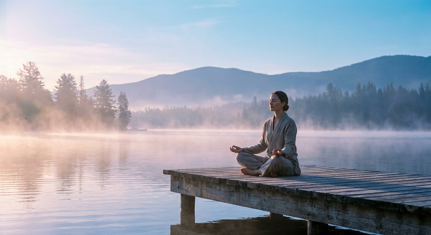 Pessoa meditando ao amanhecer em meio a tons azuis suaves, representando acolhimento emocional e espiritualidade no luto