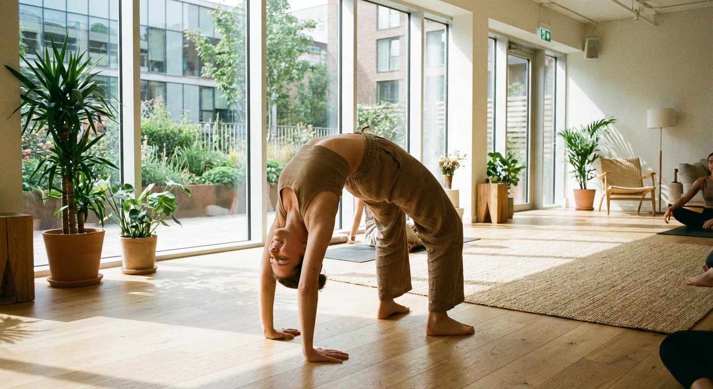 Mulher praticando tipos de yoga para iniciantes em ambiente tranquilo, representando bem-estar com o Vitalizen App