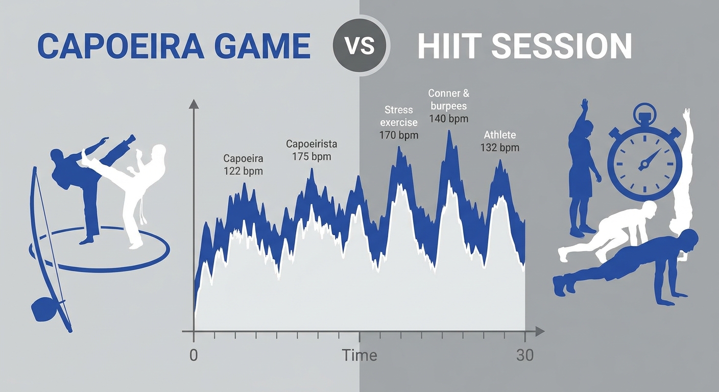 Infográfico comparativo entre jogo de Capoeira e sessão de HIIT mostrando picos de frequência cardíaca