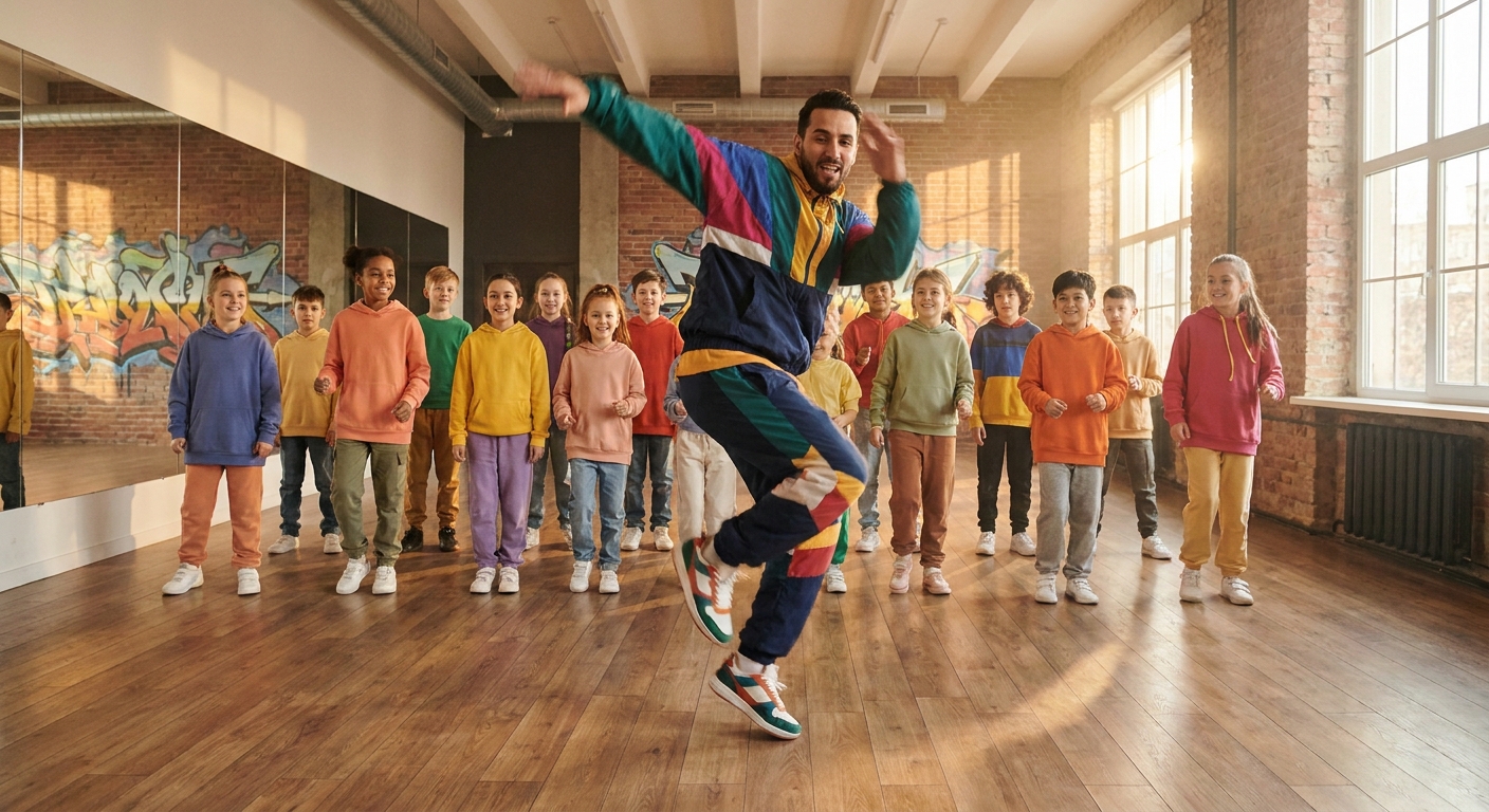 Professor de dança urbana aplicando treino HIIT com alunos jovens em estúdio dinâmico — Personal Millbody