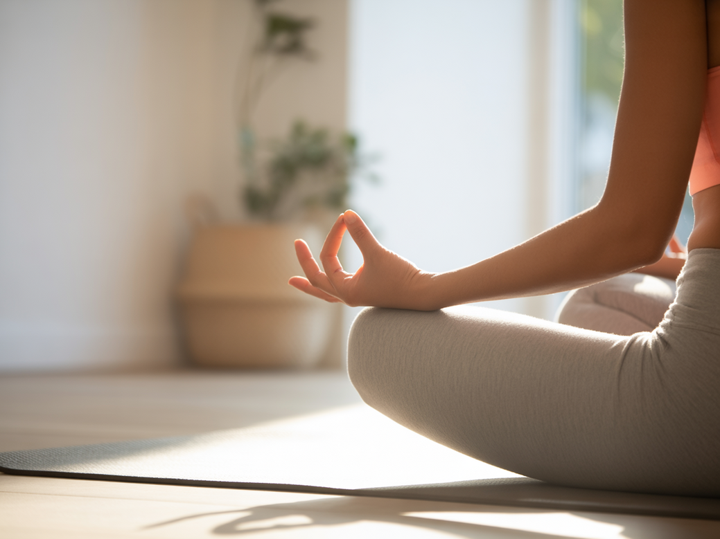 Woman practicing holistic yoga for mental wellness in a calm, serene room with soft light.
