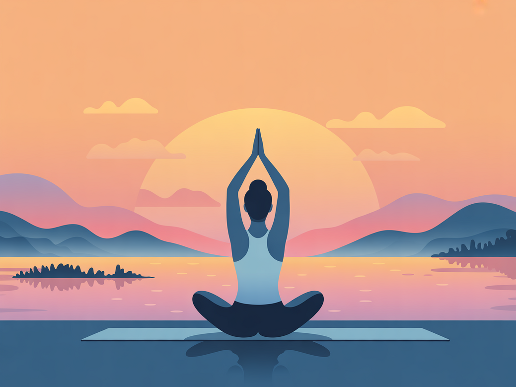 A person in a simple yoga pose at sunrise, reflecting the calm atmosphere of a yoga and meditation practice with the Vitalizen app.