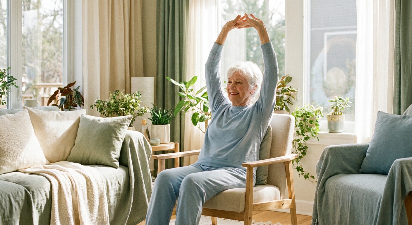 Idosa sorridente praticando yoga na cadeira em ambiente acolhedor e iluminado