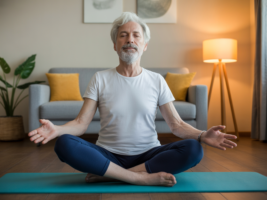 Idoso sorrindo enquanto pratica yoga em cadeira em casa, demonstrando a acessibilidade e alegria da prática diária.