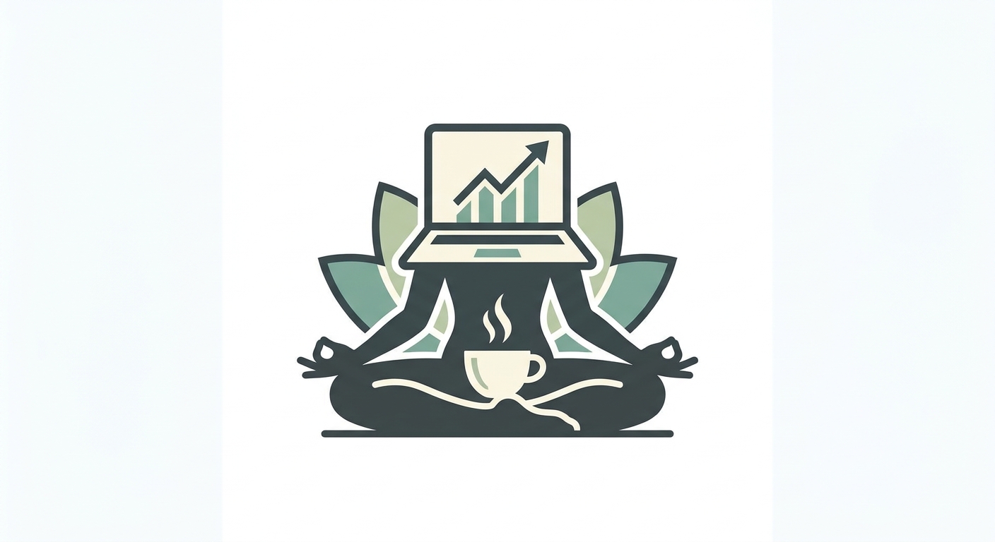Ilustração com ícones de yoga, laptop e café, simbolizando o equilíbrio entre bem-estar no home office e trabalho.