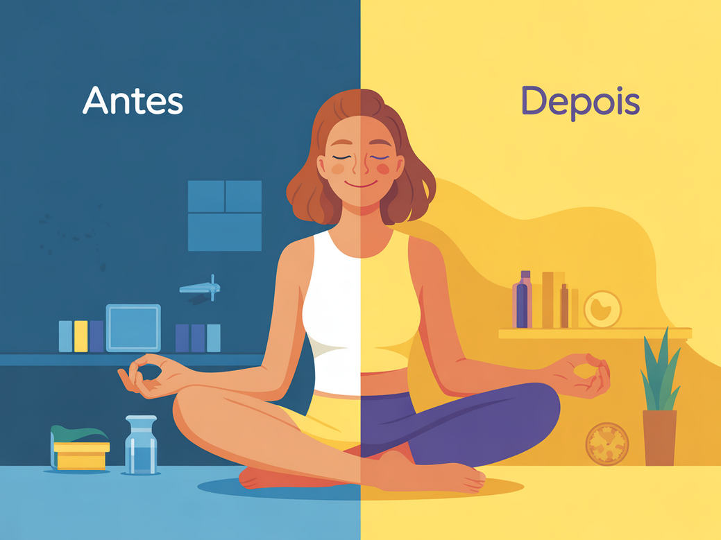 Gráfico comparativo mostrando os benefícios de usar um app para yoga: de uma mente estressada para uma mente calma e focada.