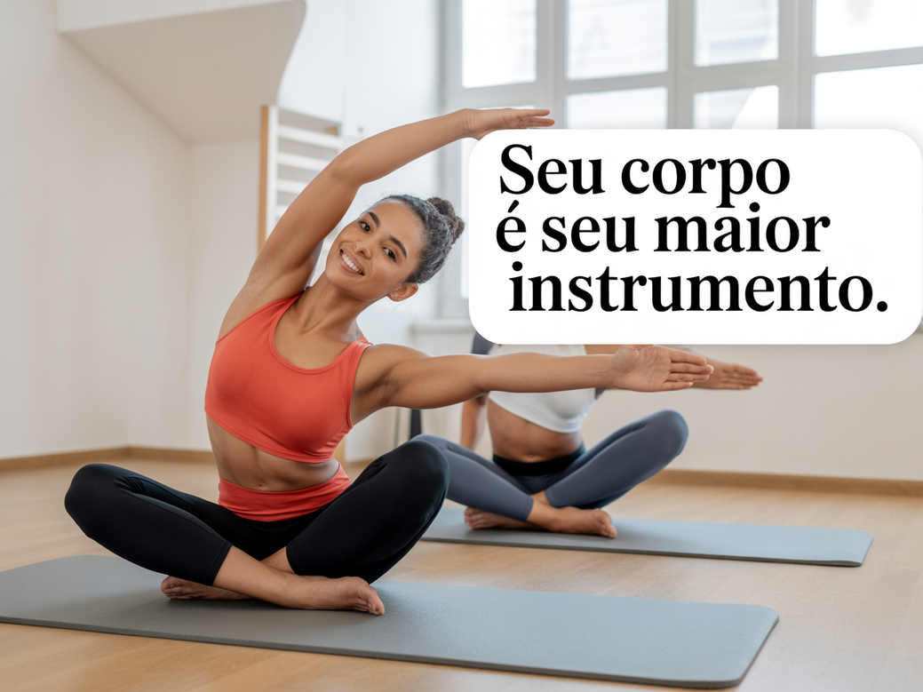 Instrutor de pilates funcional aplicando mensagens de pilates durante uma aula ao ar livre em 2025.