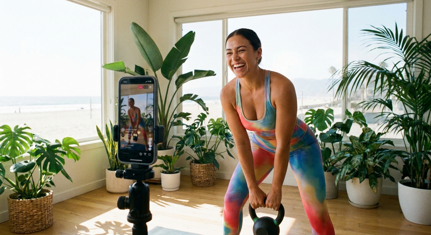 Influencer fitness gravando treino com smartphone em ambiente com iluminação natural