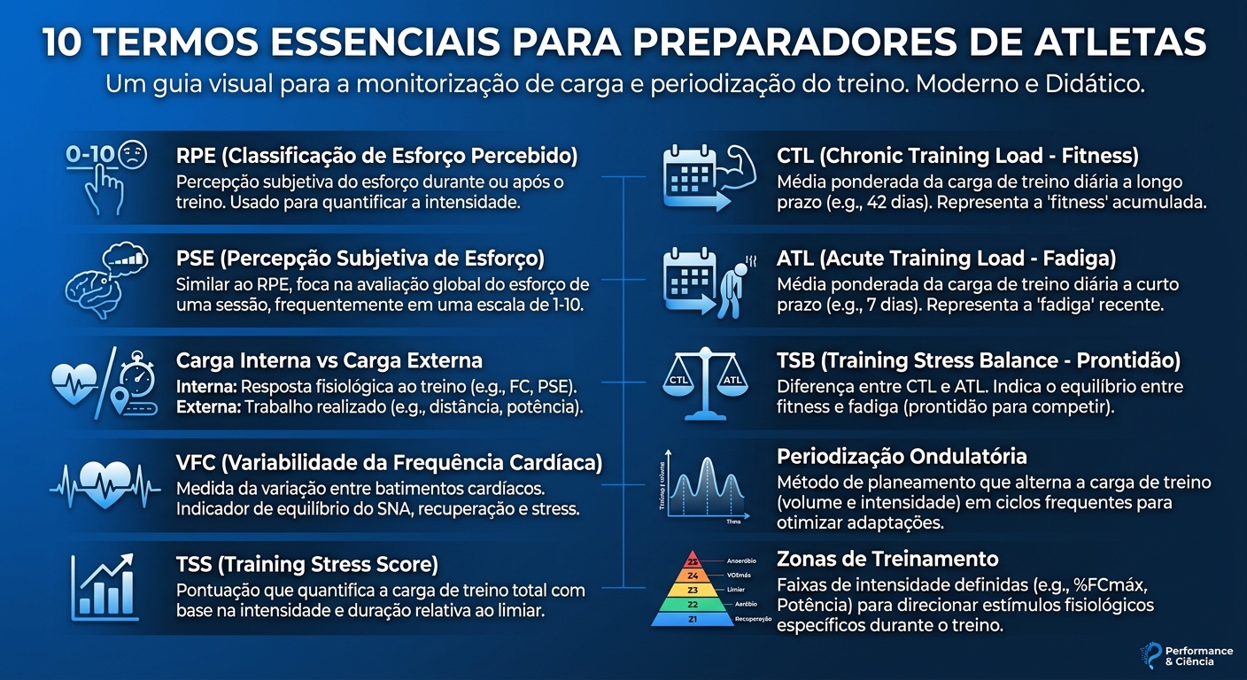 Infográfico com os 10 termos essenciais de monitoramento avançado de treinos para preparadores de atletas: RPE, PSE, Carga Interna, Carga Externa, VFC, TSS, CTL, ATL, TSB, Periodização Ondulatória e Zonas de Treinamento