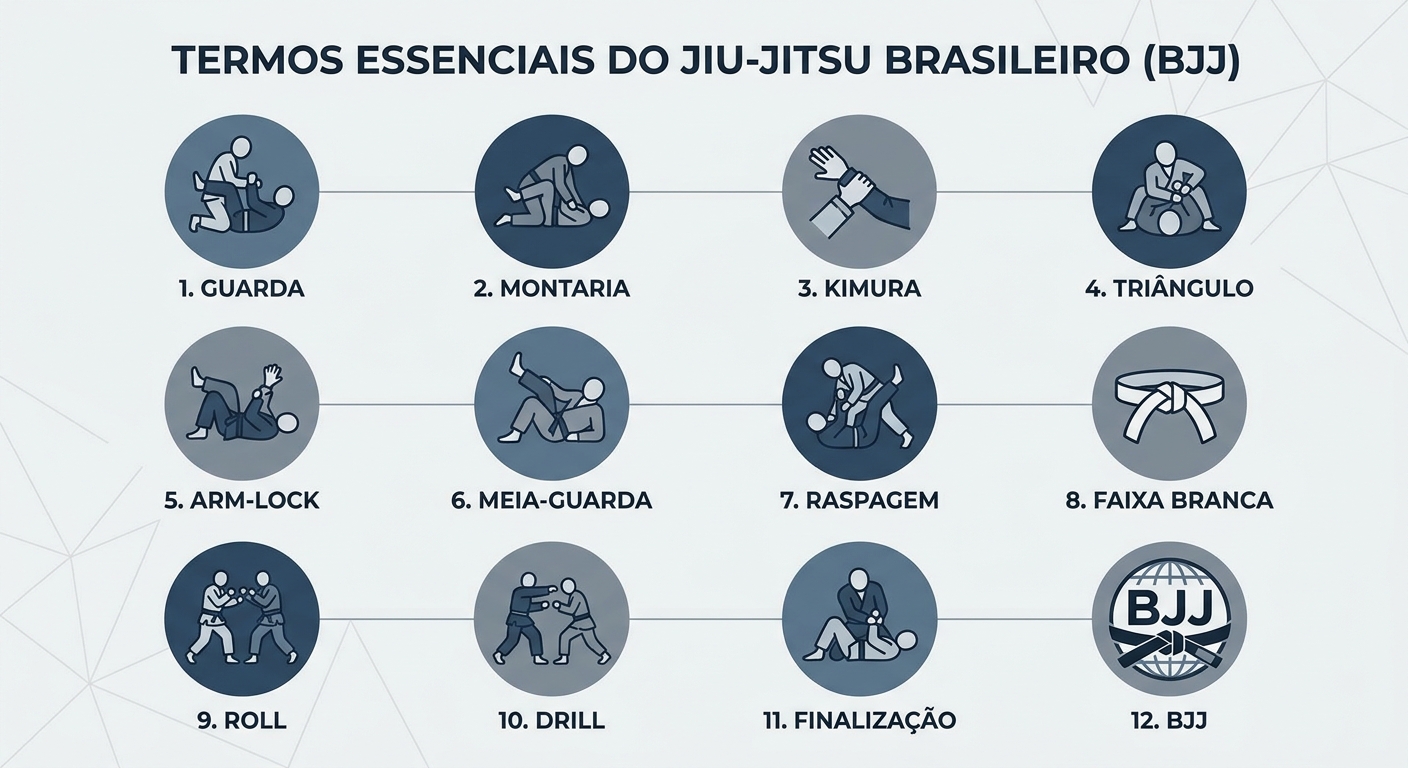 Infográfico com os 12 termos essenciais do Jiu-Jitsu brasileiro: guarda, passar a guarda, montaria, kimura, arm-lock, triângulo, meia-guarda, raspagem, faixa branca, roll, drill e finalização