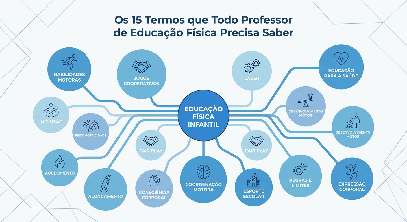 Infográfico com os 15 termos técnicos da educação física escolar conectados em mapa mental