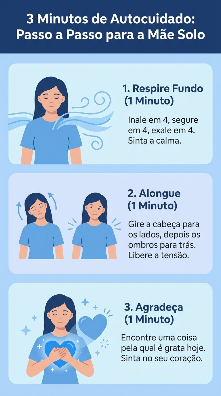 3 minutos de autocuidado passo a passo para mãe solo - infográfico