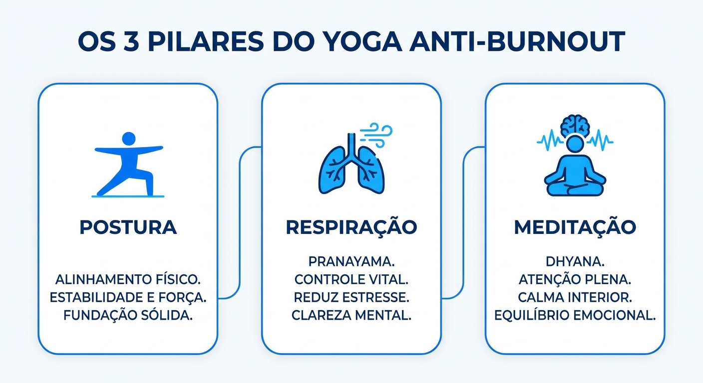 Os 3 pilares do yoga anti-burnout: Postura, Respiração e Meditação - yoga para recuperar energia