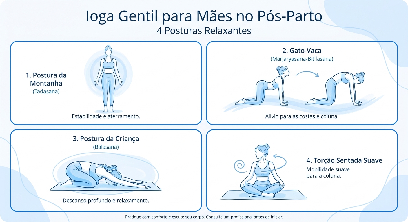 Infográfico com 4 posturas de yoga para mãe recém-parida: Postura da Montanha, Gato-Vaca, Postura da Criança e Torção Suave Sentada