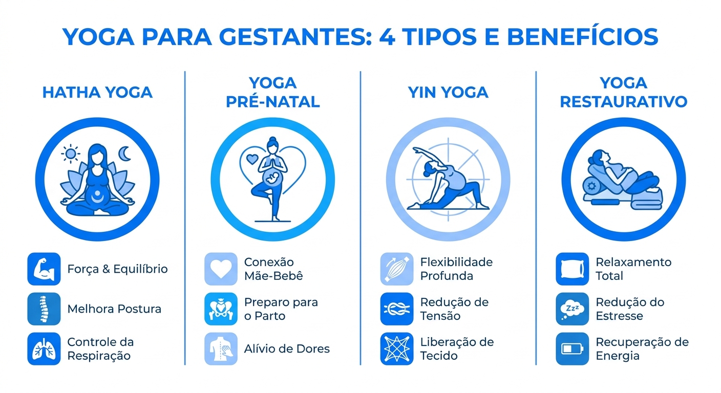 Infográfico comparativo dos 4 melhores tipos de yoga para gestantes iniciantes