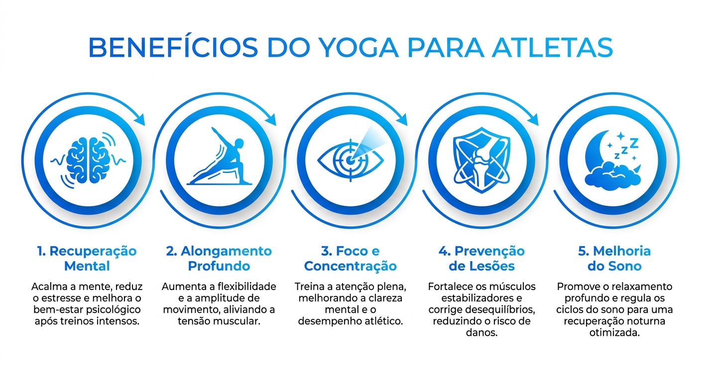 Infográfico com 5 benefícios do yoga para atletas de alto rendimento: recuperação mental, alongamento profundo, foco, prevenção de lesões e sono reparador