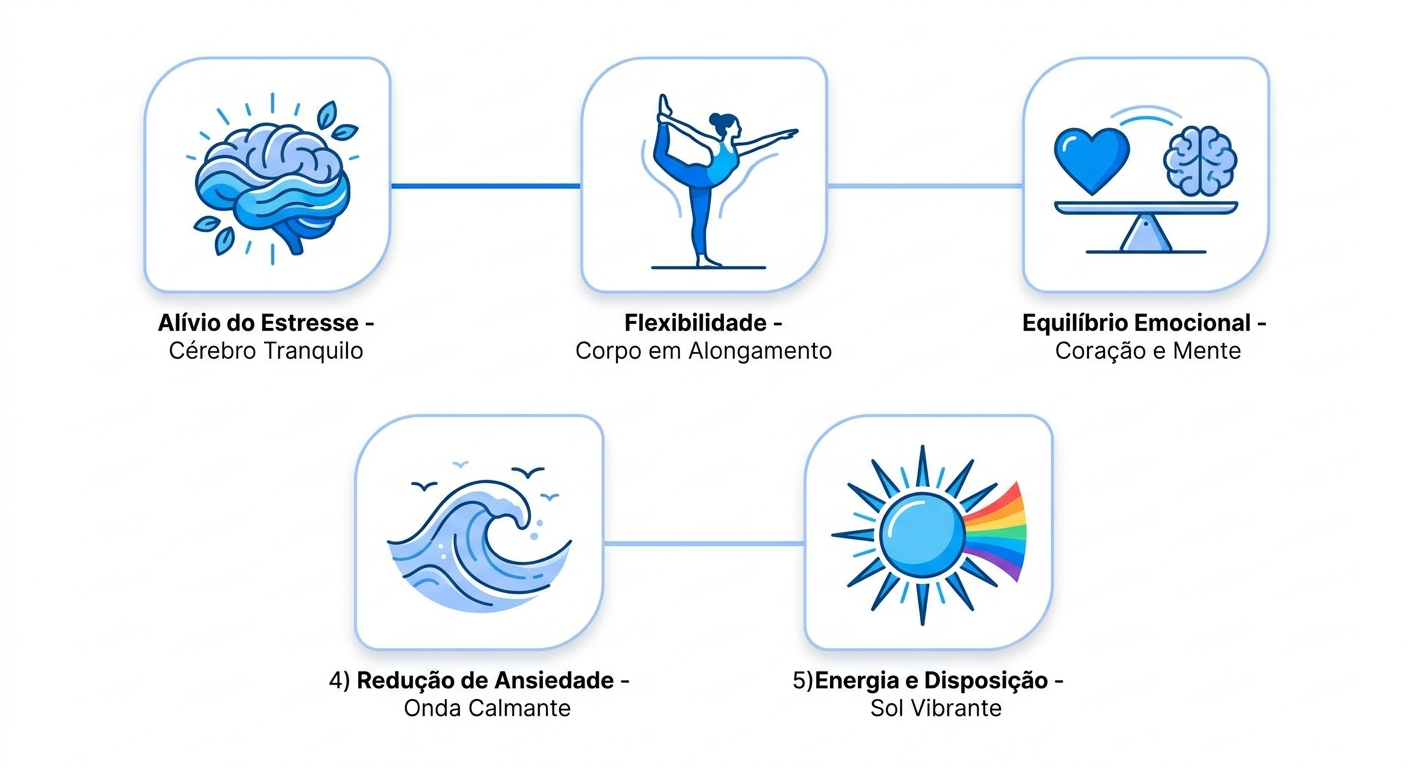 Infográfico com 5 benefícios do yoga para a rotina: alívio do estresse, flexibilidade, equilíbrio emocional, redução de ansiedade e mais energia