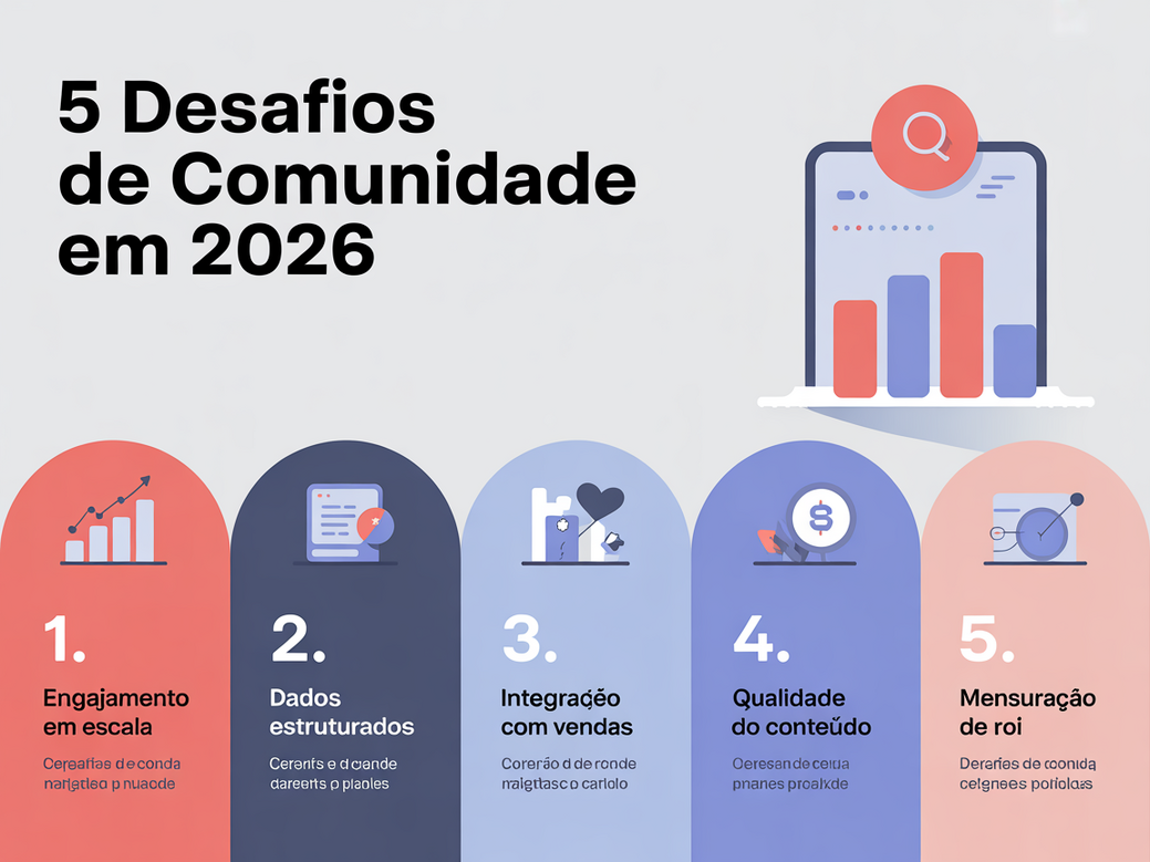 Infográfico detalhando os 5 desafios de comunidade para 2026: engajamento, dados, integração, conteúdo e ROI, e como um CRM com IA os soluciona.