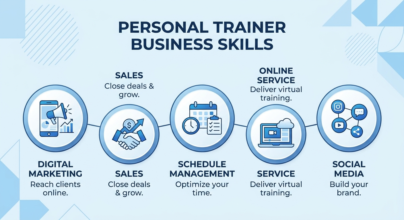 Infográfico com 5 habilidades de negócio para personal trainer: marketing digital, vendas, gestão de agenda, atendimento online e redes sociais