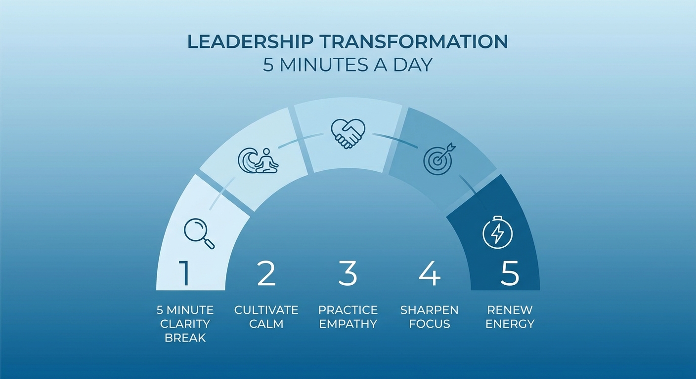 Infográfico 5 minutos que transformam sua liderança: Clareza, Calma, Empatia, Foco e Energia - Vitalizen.app