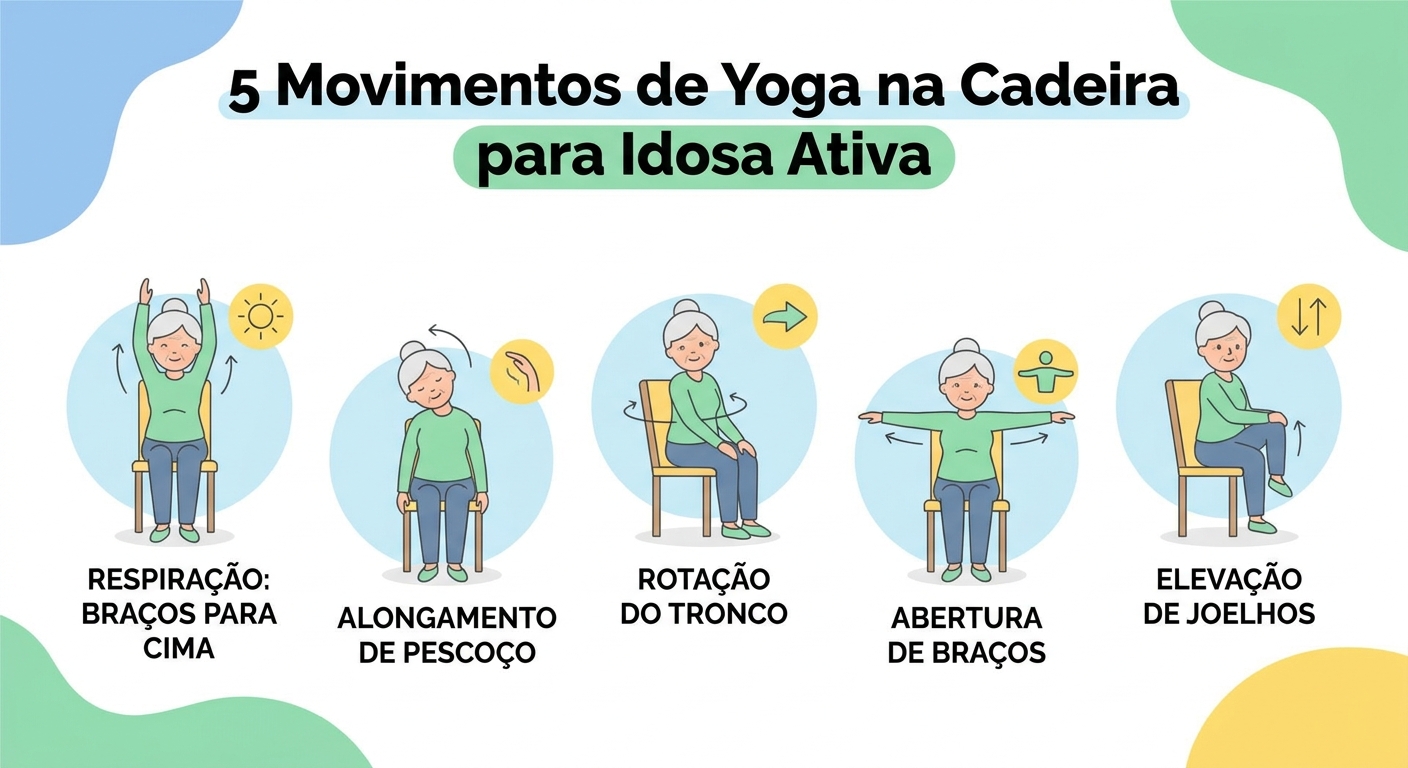 Infográfico com 5 movimentos de yoga na cadeira para idosa ativa
