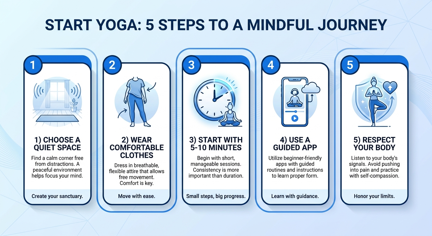 Infográfico com 5 passos para começar a praticar yoga: 1. Escolha um espaço tranquilo, 2. Use roupas confortáveis, 3. Pratique de 5 a 10 minutos, 4. Use um app guiado, 5. Respeite seu corpo