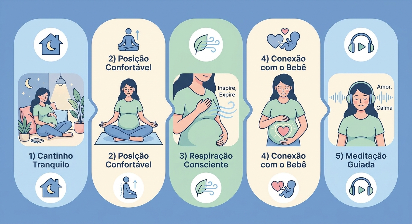 Infográfico com 5 passos para meditar na gestação