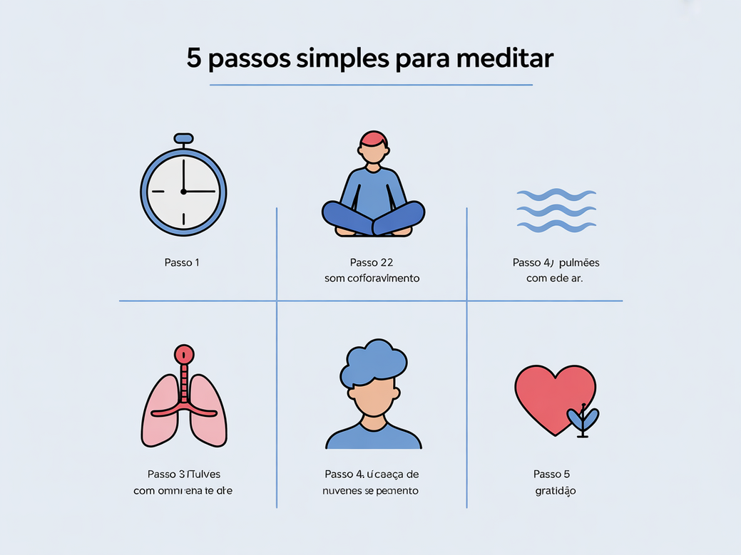 Infográfico dos 5 passos simples para aprender como meditar.